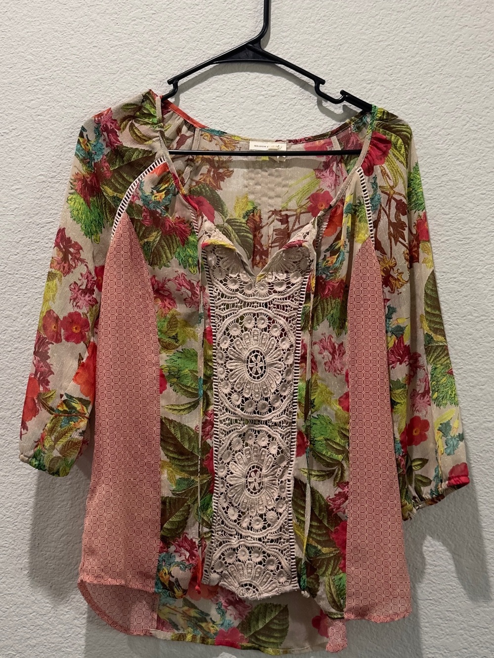 Meadow Rue Cream Crochet-Front Floral Tunic with Pink Panels